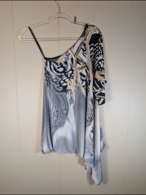 Azules One-Shoulder Top Womens Small Abstract Animal Print Asymmetrical Flowy